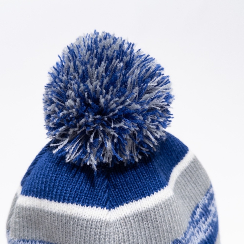 New Era Pom Pom‎ Knit Beanie Gray Blue Striped Winter Hat - Picture 7 of 17